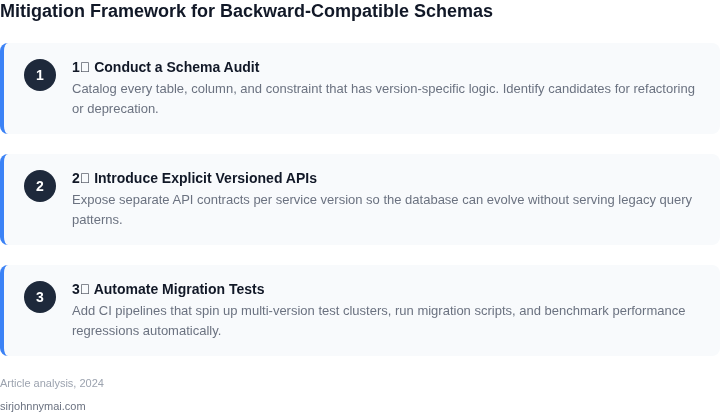 Numbered framework outlining three practical steps to reduce the hidden cost of backward‑compatible database schemas.