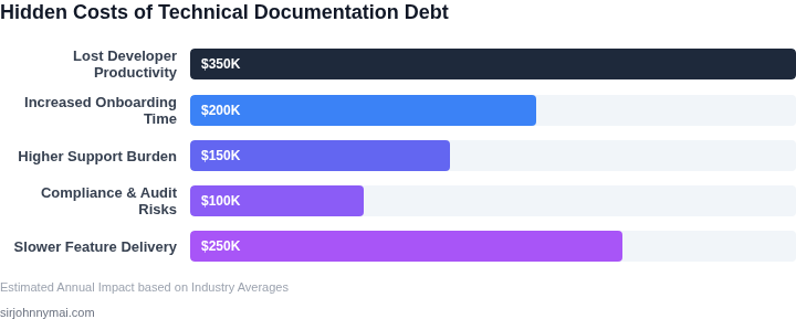 Bar chart illustrating the various hidden costs of technical documentation debt, including lost developer productivity, increased onboarding time, and higher support burden.