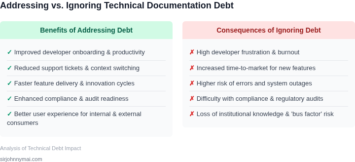 A two-column list comparing the benefits of actively addressing technical documentation debt versus the negative consequences of ignoring it.