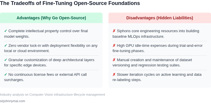 Tradeoffs of choosing to fine-tune open-source foundation models, contrasting IP control and customization against engineering burden and pipeline complexity.