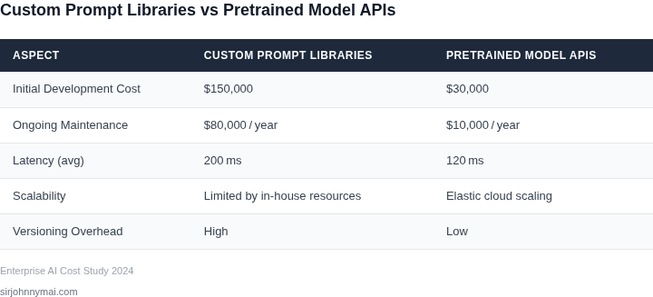 Side‑by‑side table comparing custom prompt libraries with pretrained model APIs across cost, maintenance, latency, scalability and versioning.