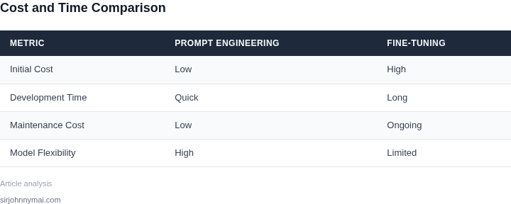 Side-by-side comparison of prompt engineering and fine-tuning costs and time