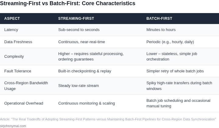 Side‑by‑side table comparing streaming‑first and batch‑first pipelines across key characteristics for cross‑region data synchronization.