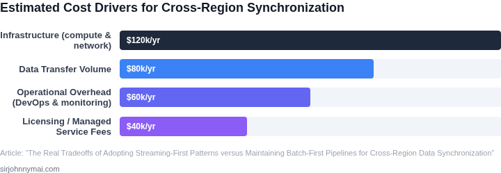 Bar chart showing estimated annual cost drivers for implementing streaming‑first versus batch‑first cross‑region data sync solutions.