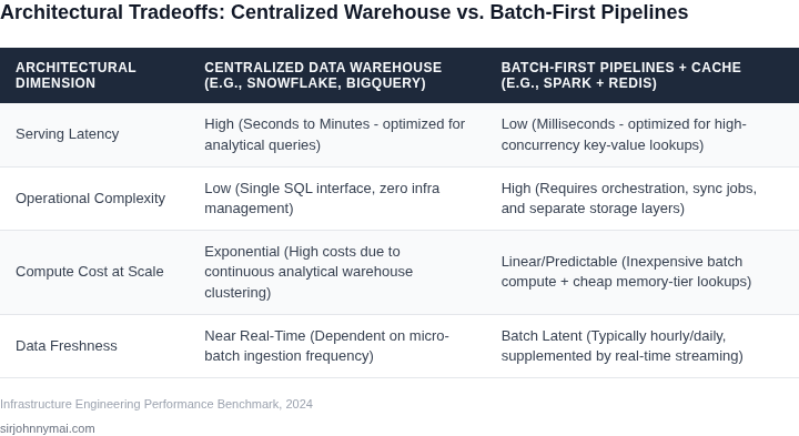 A comparison table outlining the differences in latency, cost, and complexity between centralized data warehouses and batch-first feature pipelines.