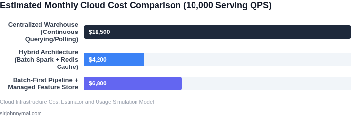 A bar chart comparing estimated monthly compute and storage costs at 10,000 queries per second between different architectural approaches.