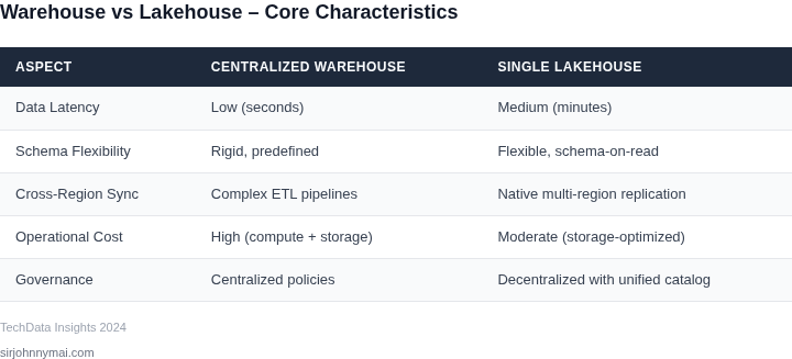 Side‑by‑side comparison of a single data warehouse versus a single lakehouse for cross‑region synchronization.