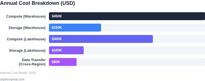 Bar chart comparing annual cost components for a centralized warehouse and a lakehouse implementation.