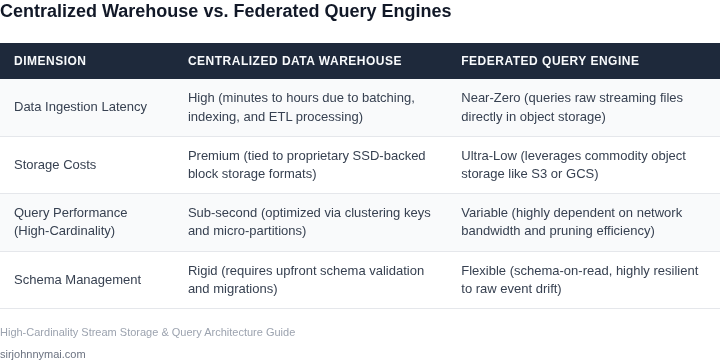 A comparison table contrasting Centralized Data Warehouses and Federated Query Engines across ingestion latency, compute costs, storage optimization, and high-cardinality queries.