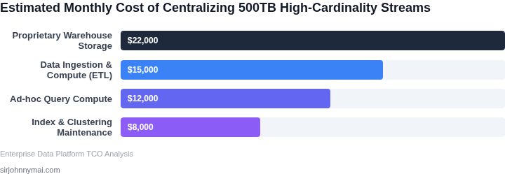 A bar chart breaking down the monthly projected cost of maintaining 500TB of high-cardinality logs in a classic centralized warehouse.