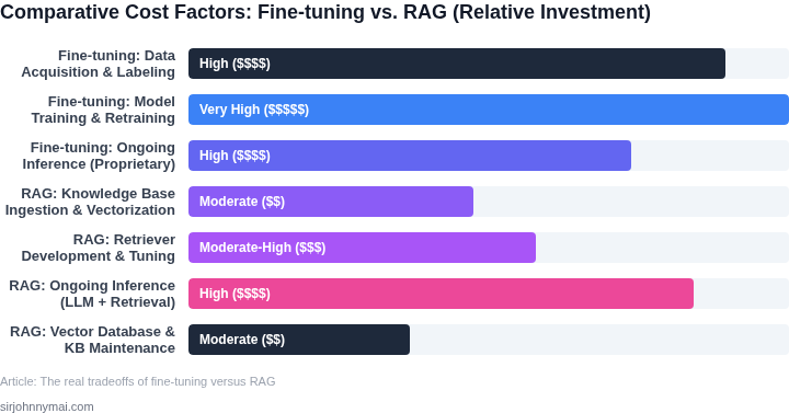 Comparative cost factors for Fine-tuning versus RAG, illustrating typical expenses for data preparation, model training, inference, and maintenance for enterprise AI.