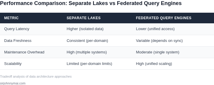 Comparison table showing performance metrics for separate lakes vs federated query engines