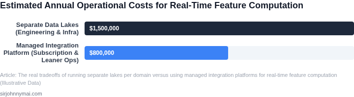 A bar chart comparing the estimated annual operational costs, including engineering and infrastructure, for running separate data lakes versus using a managed integration platform for real-time feature computation.