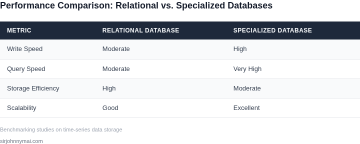 Comparison table showing performance metrics for relational vs. specialized time-series databases