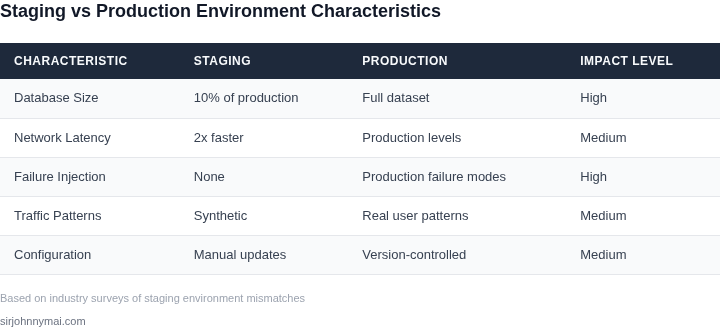 Comparison table showing staging vs production across 5 critical dimensions